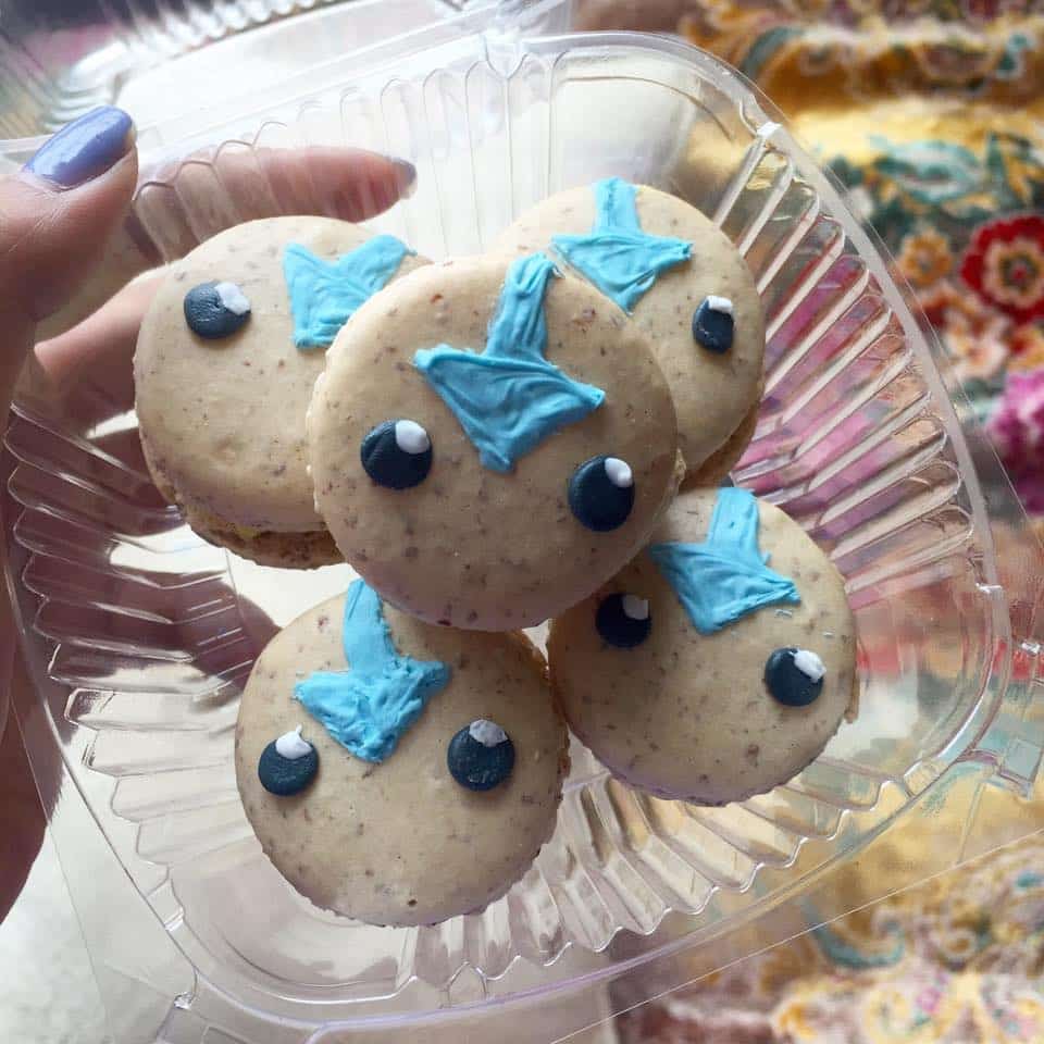 Avatar macarons in a plastic clamshell container.