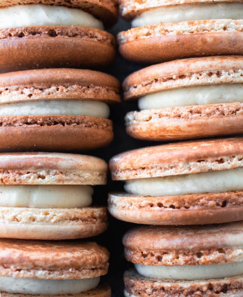 Close up shot of cinnamon bun macarons