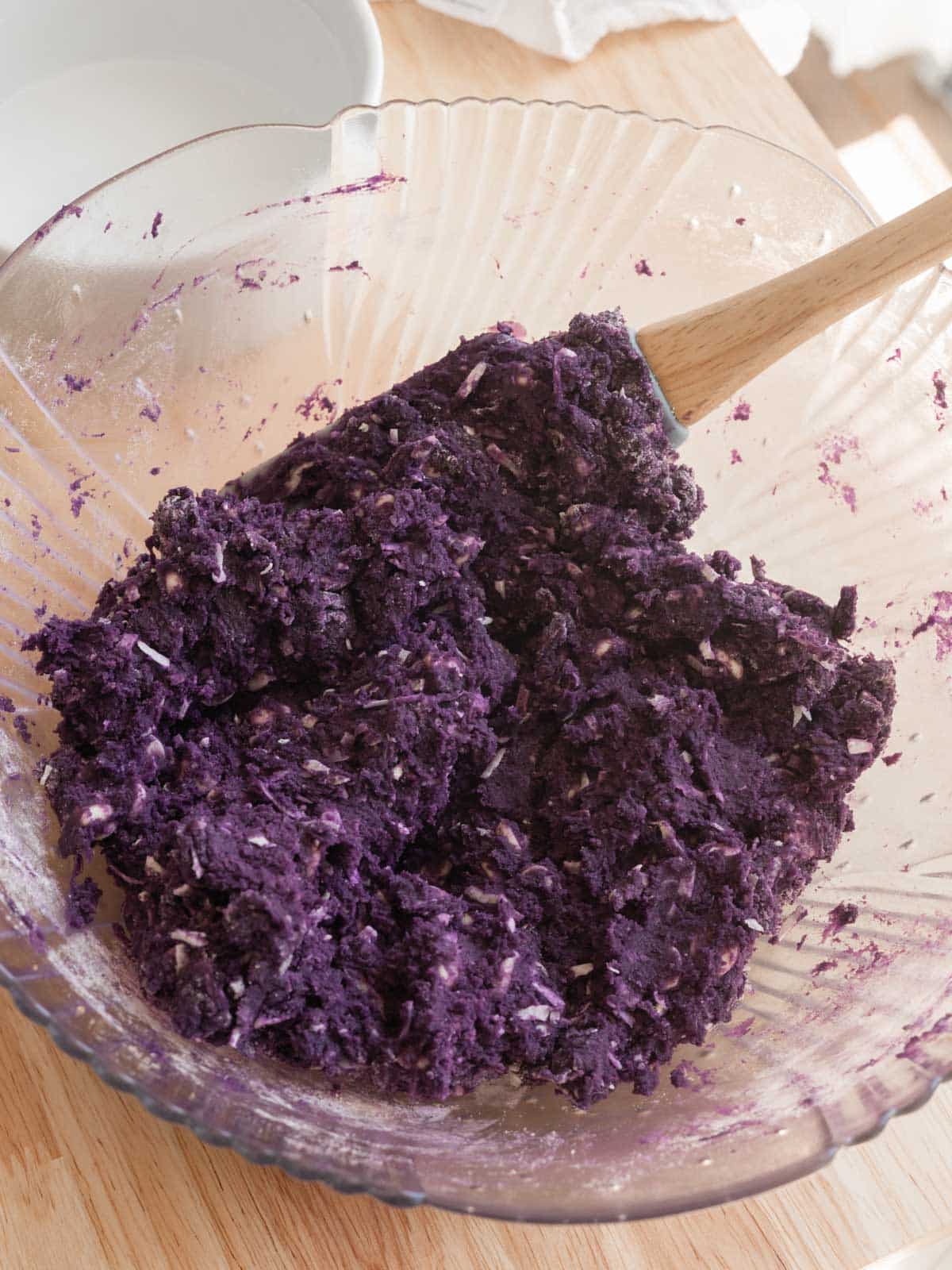 Purple cookie dough batter ready to be divided and baked.