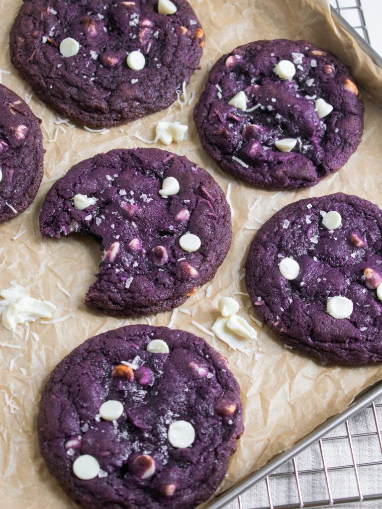 Ube cookies with white chocolate chips and coconut.