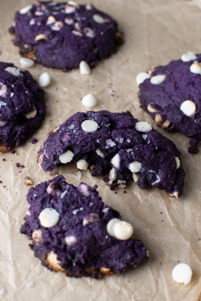 Purple cookies bursting with ube flavor, white chocolate, and coconut.