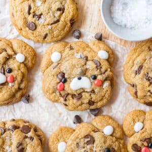 Cute teddy bear chocolate chip cookies decorated with cookie icing.