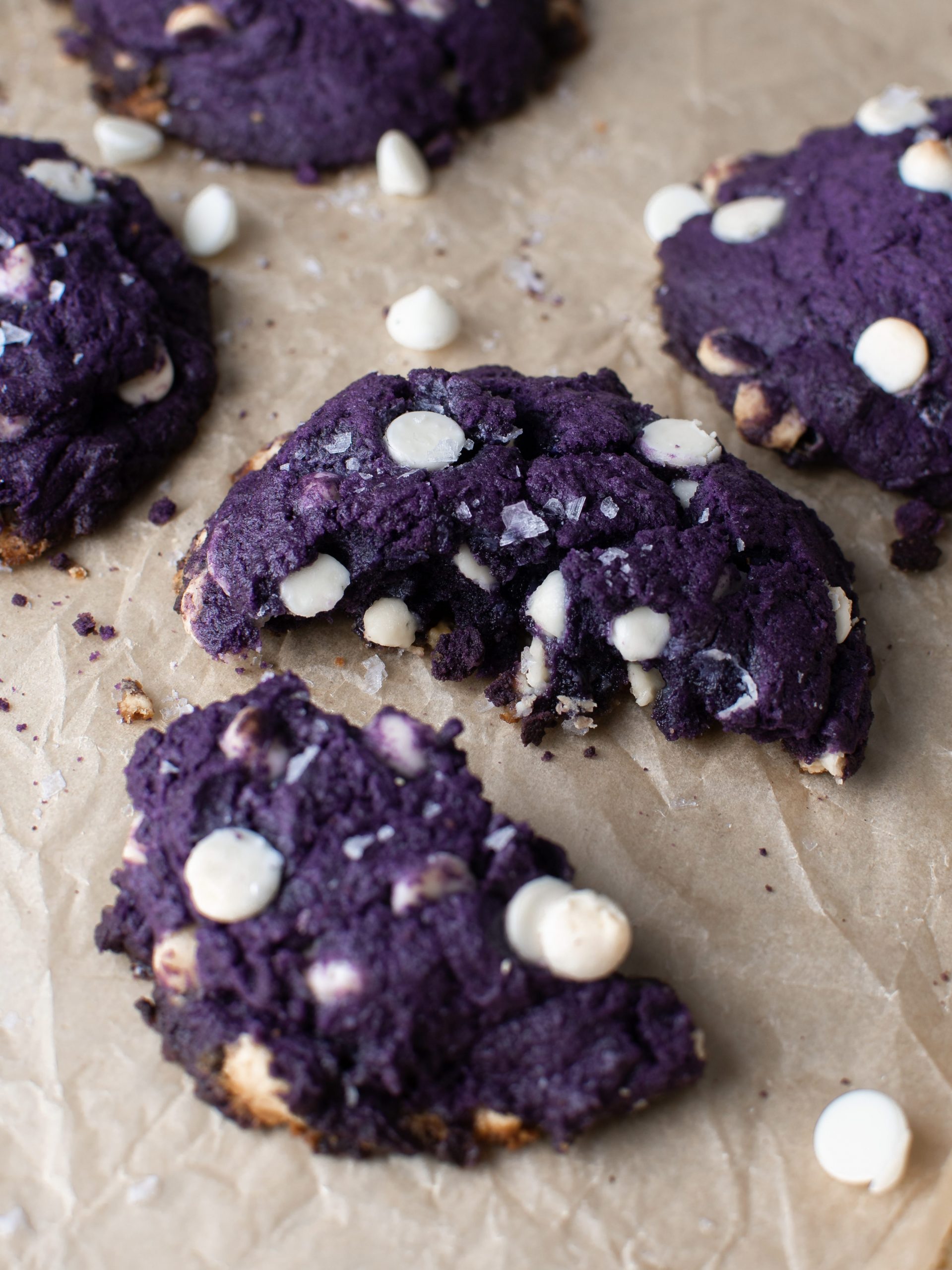 Cross section of a chunky ube white chocolate cookie
