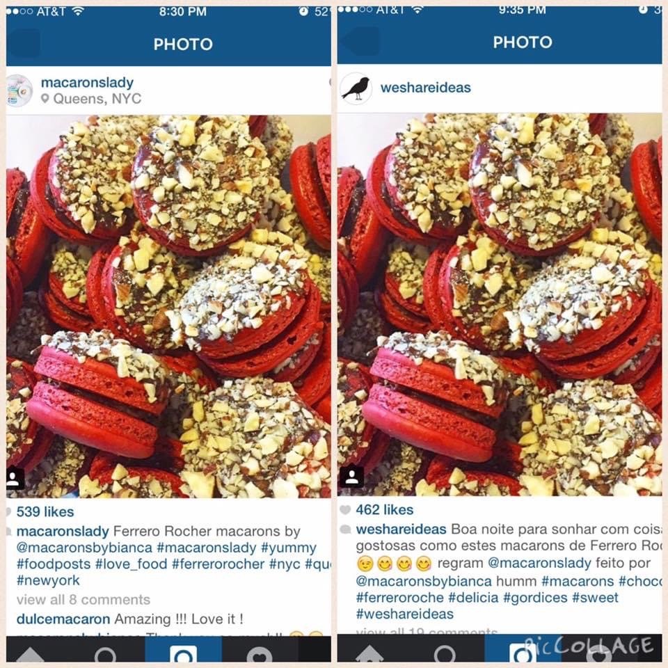 photo from ~2013 of my Ferrero Rocher macarons reposted by @macaronslady and @weshareideas
