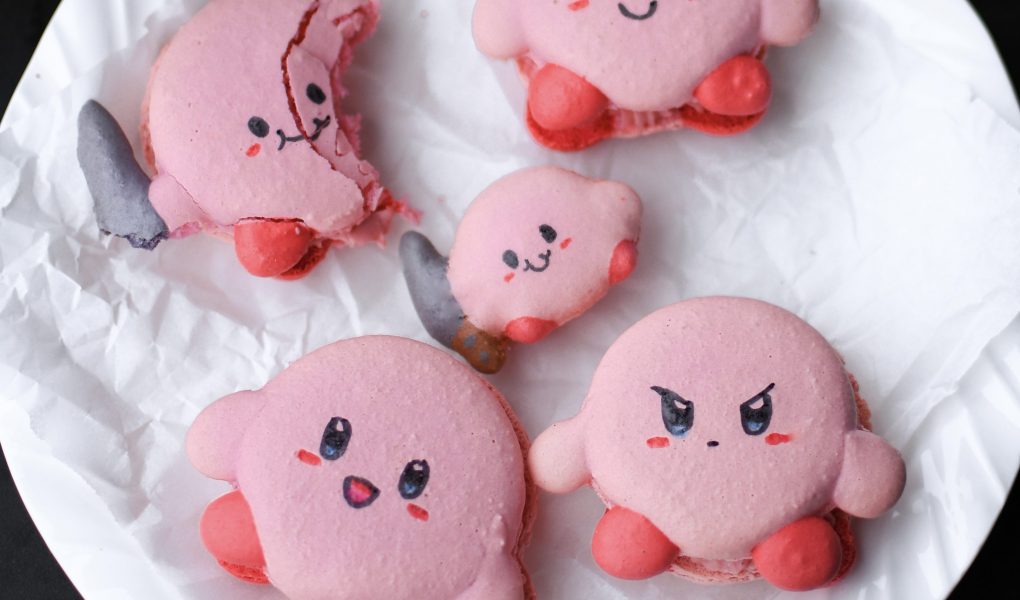 Kirby macarons on a plate