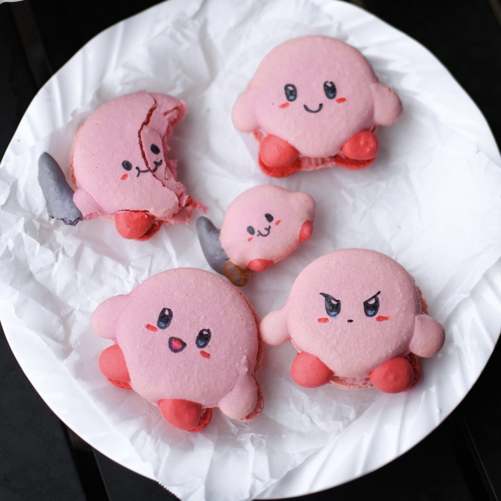 Kirby macarons on a plate