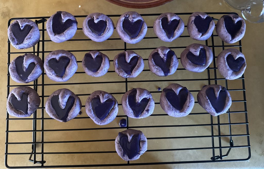 Ube heart cookies on wire rack