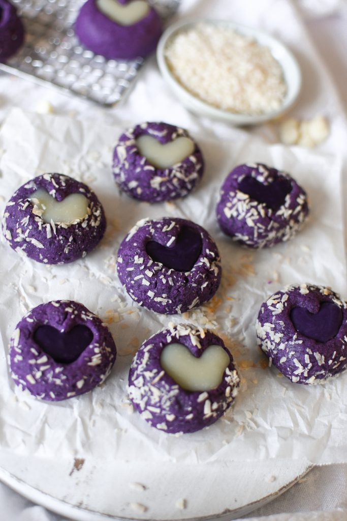 Ube cookies on parchment paper