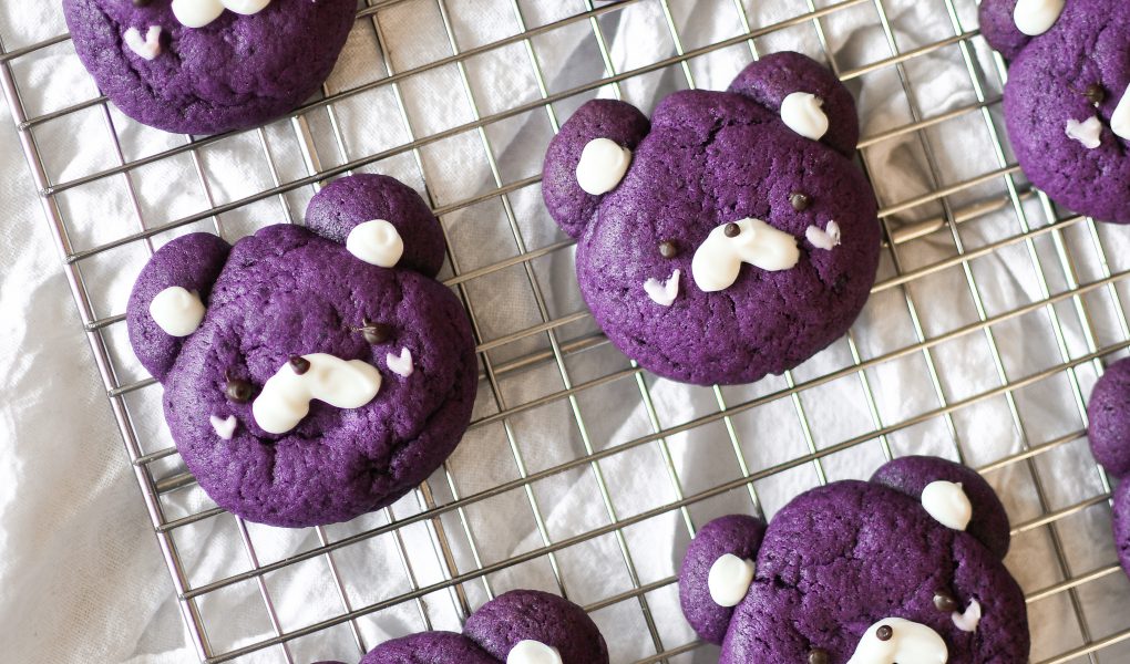 Ube bear cookies on a wire rack