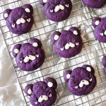 Ube bear cookies on a wire rack