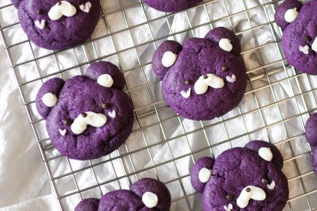 Ube bear cookies on a wire rack