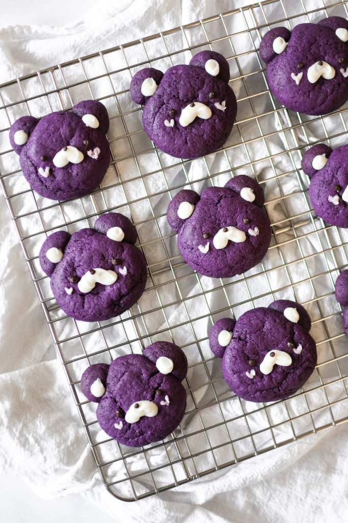 Ube bear cookies on a wire rack