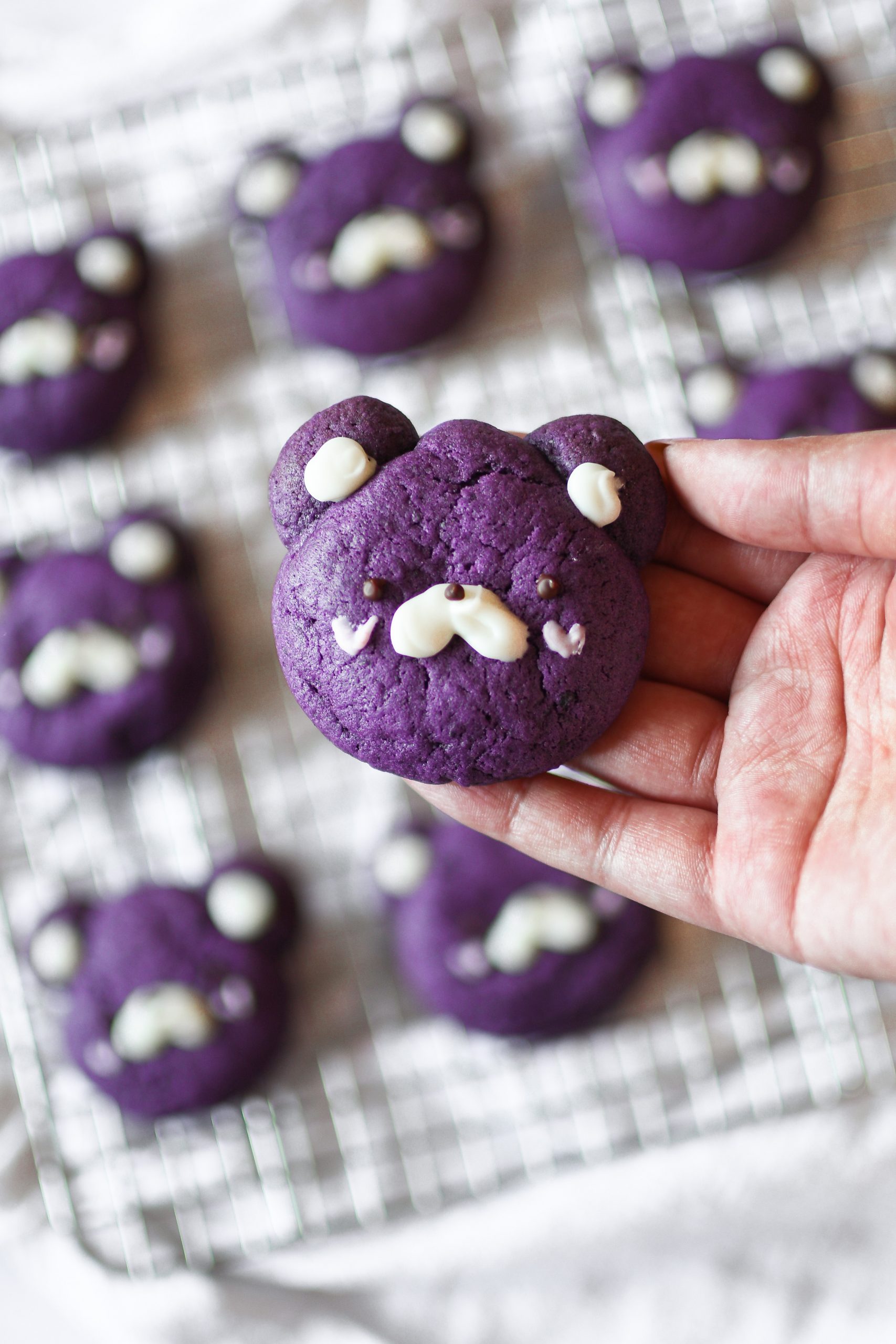 Holding an ube bear cookie