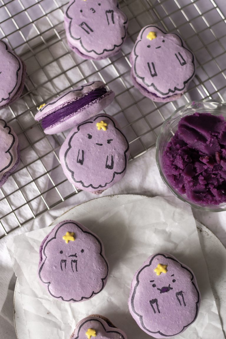 Lumpy Space Princess Macarons with Ube Cheesecake Filling