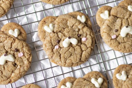 Brown butter espresso bear cookies on a wire rack