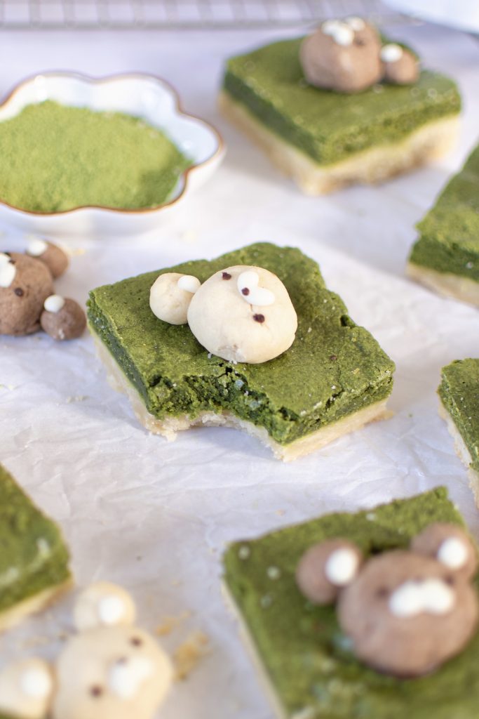 Cute matcha shortbread brownies with bite mark
