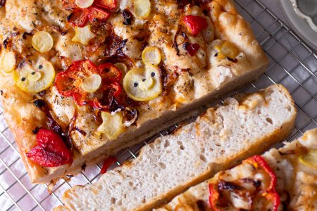 Cute focaccia with bear design and flowers