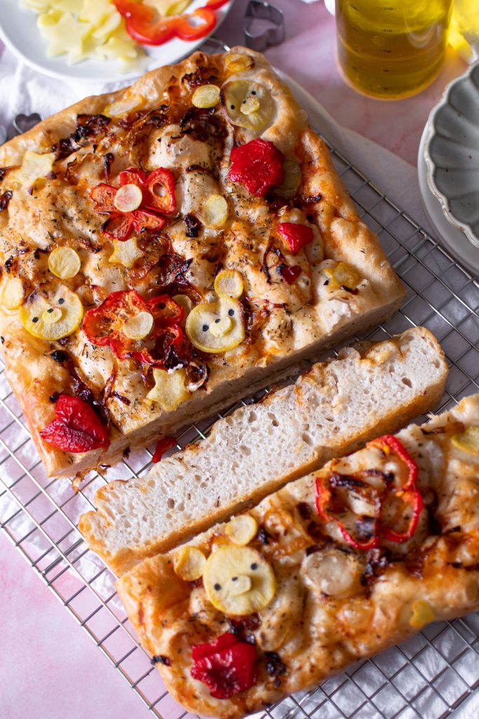 Cute focaccia with bear design and flowers