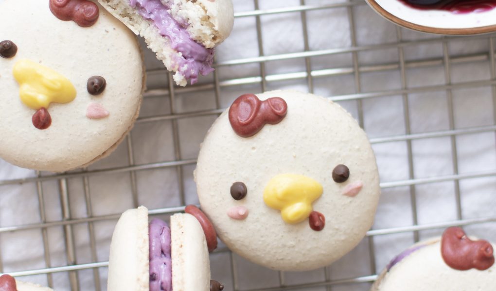Farm animal macarons with blueberry cheesecake filling