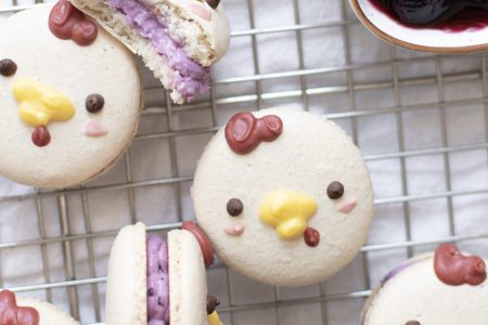 Farm animal macarons with blueberry cheesecake filling
