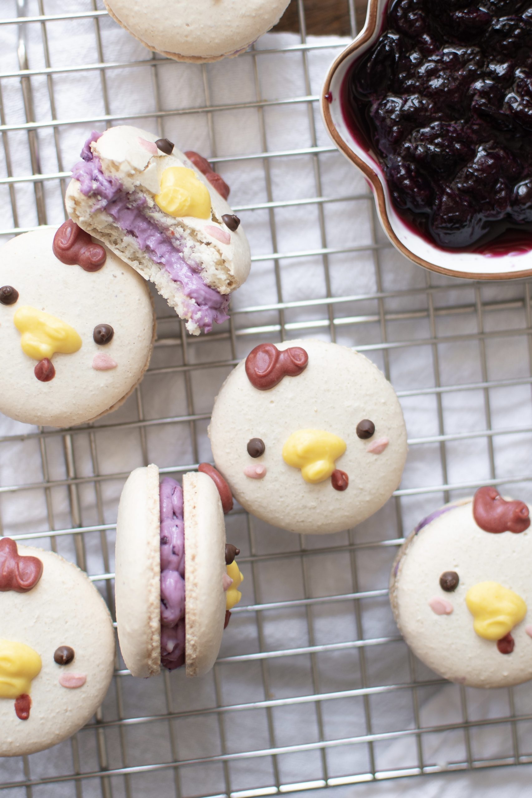 Chicken Macarons with Blueberry Cheesecake Filling (French Method)