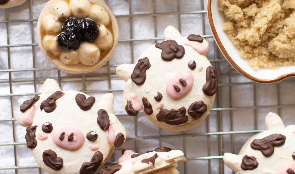 Cow macarons with milk tea filling