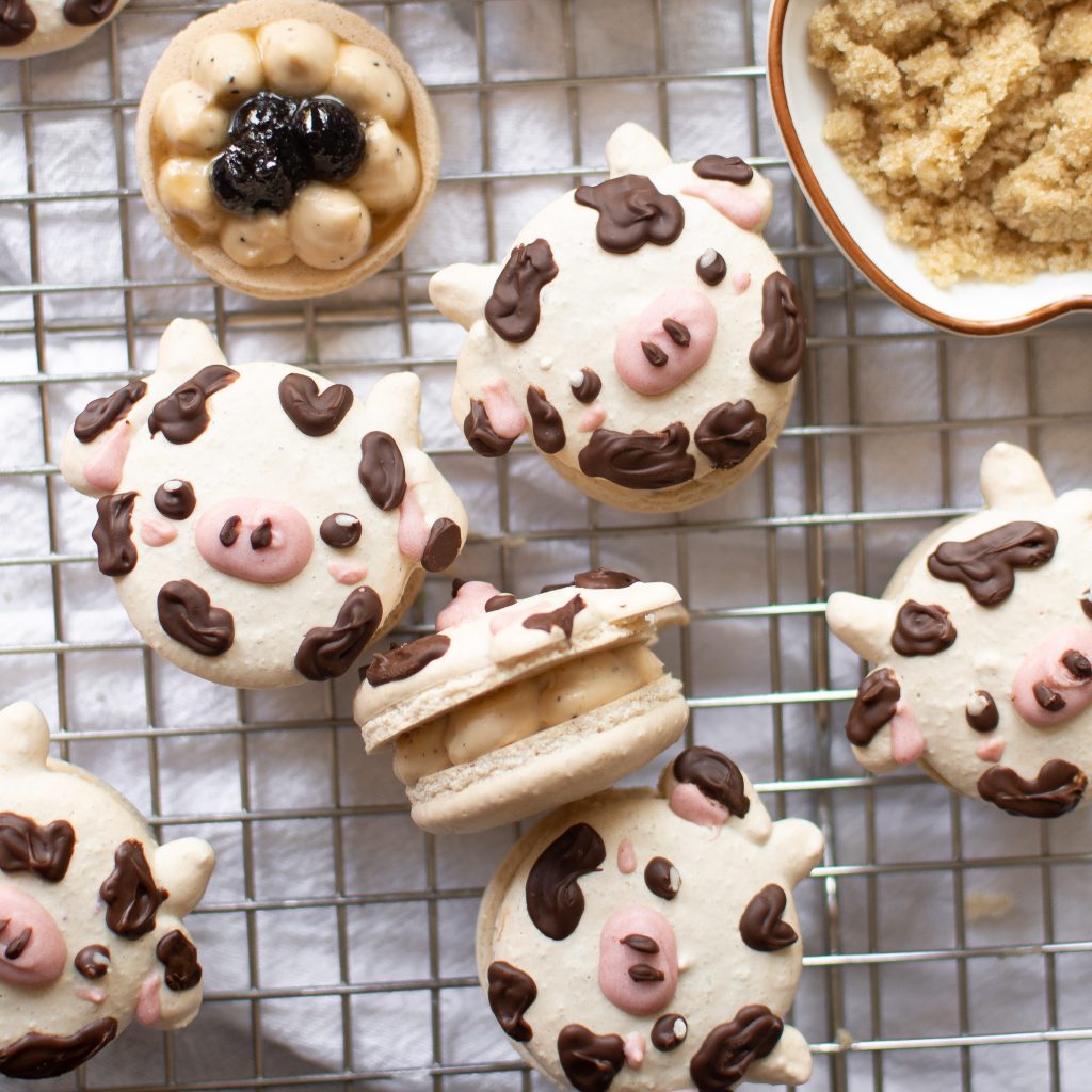 Cow macarons with milk tea filling