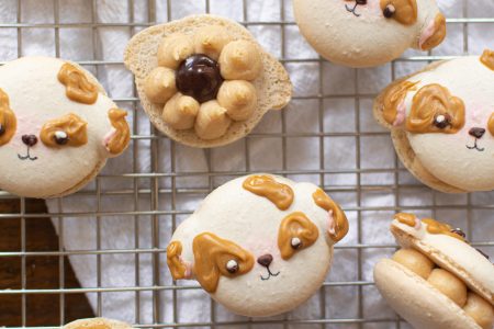 Peanut butter cheesecake dog macarons on wire rack