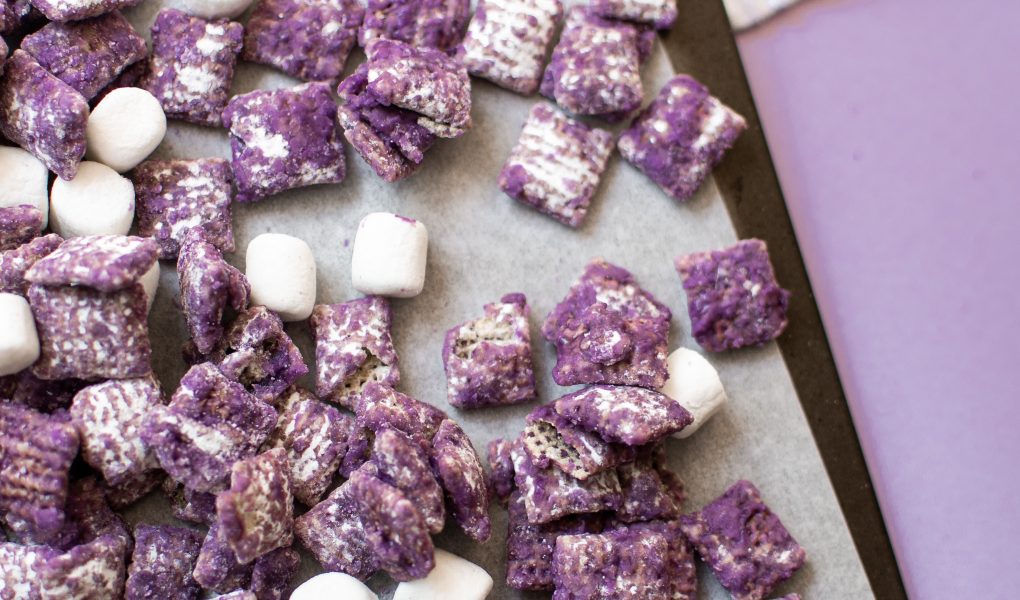 Ube muddy buddies on baking tray