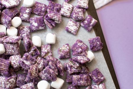 Ube muddy buddies on baking tray
