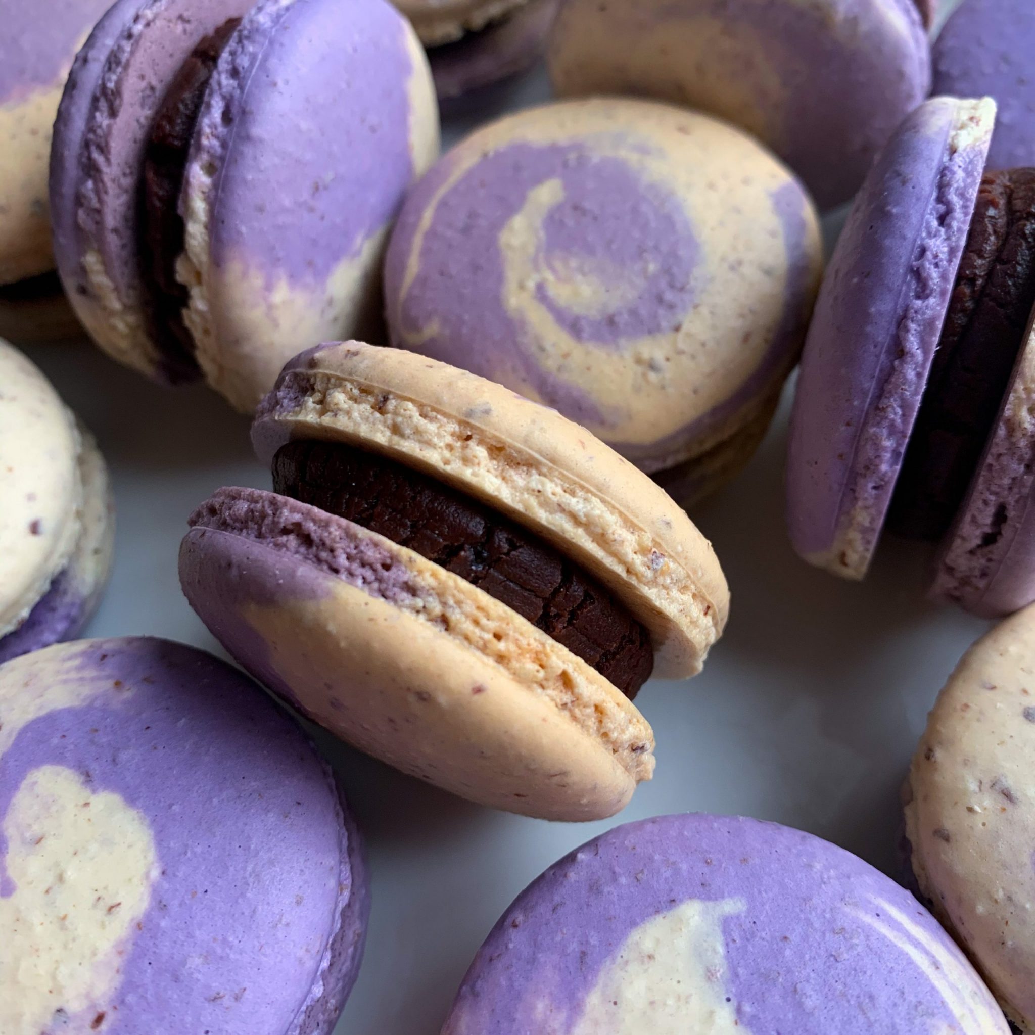 Purple and white macarons