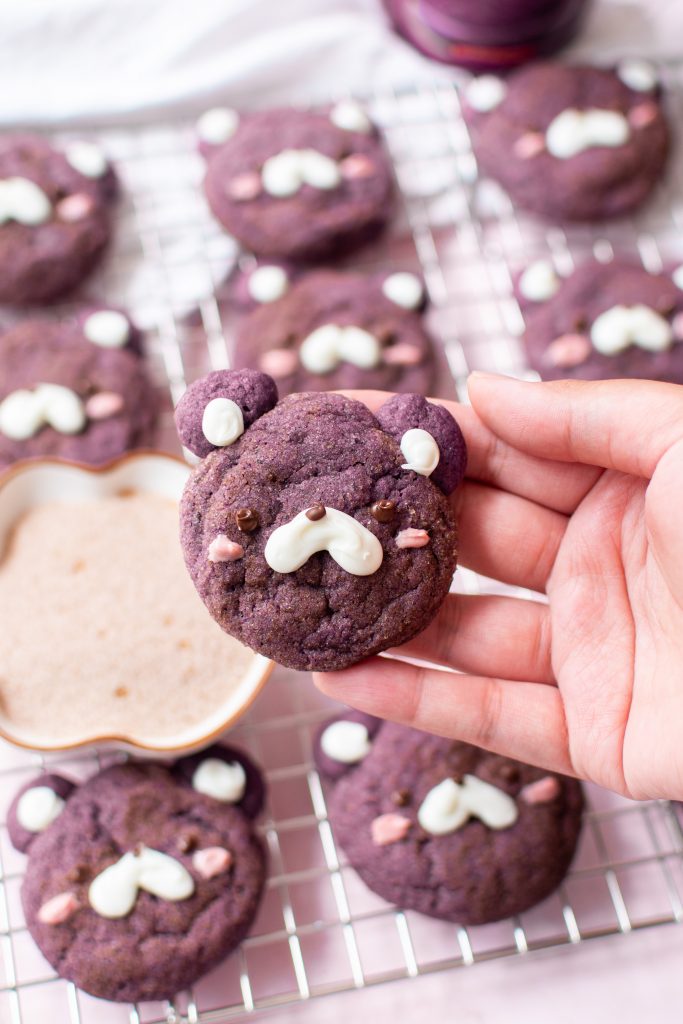 One of the bear ube snickerdoodles in hand