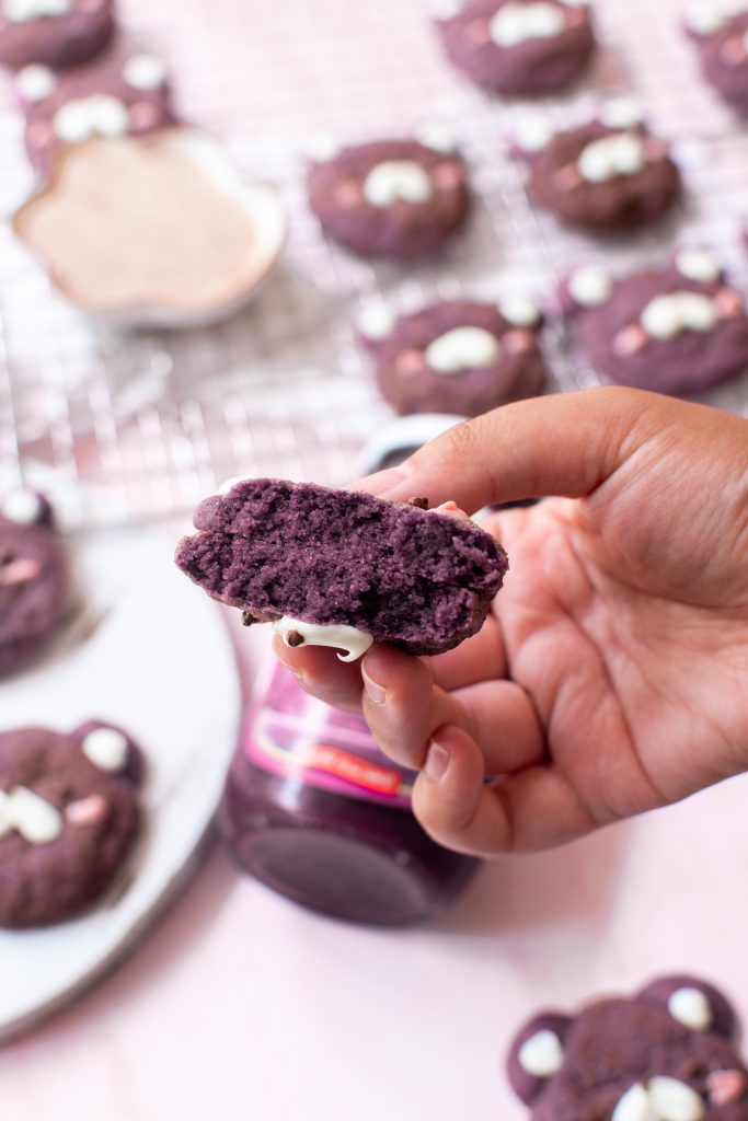 Cross section of an ube snickerdoodle cookie