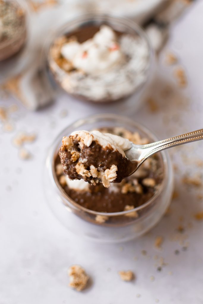 Spoonful of high protein chocolate chia pudding 