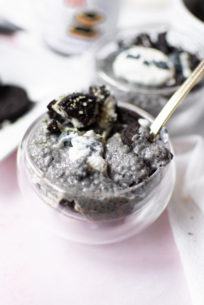 Black sesame pudding with oreos, chia seeds, and hemp seeds