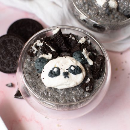 Black sesame oreo chia pudding with a panda on top