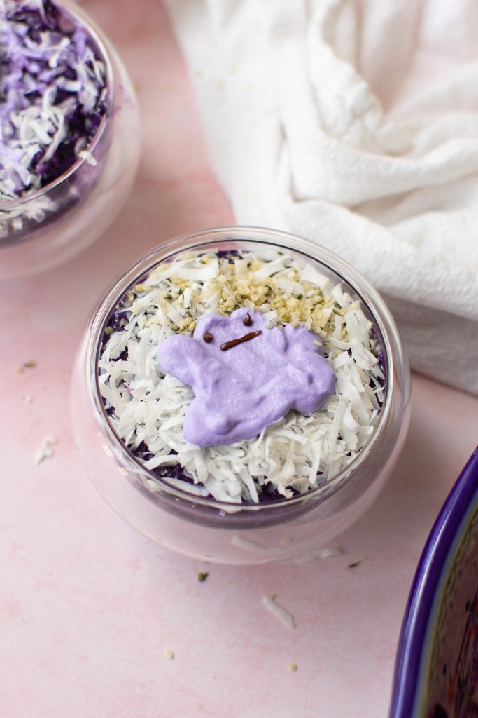 Adorable Pokemon dessert: Ube chia pudding with ditto on top.