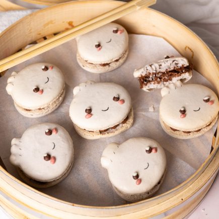 Dumpling macarons in a bamboo steamer