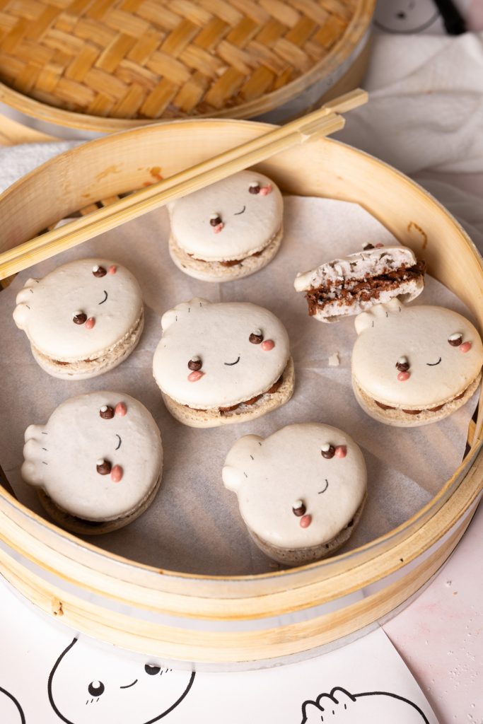 Dumpling macarons in a bamboo steamer