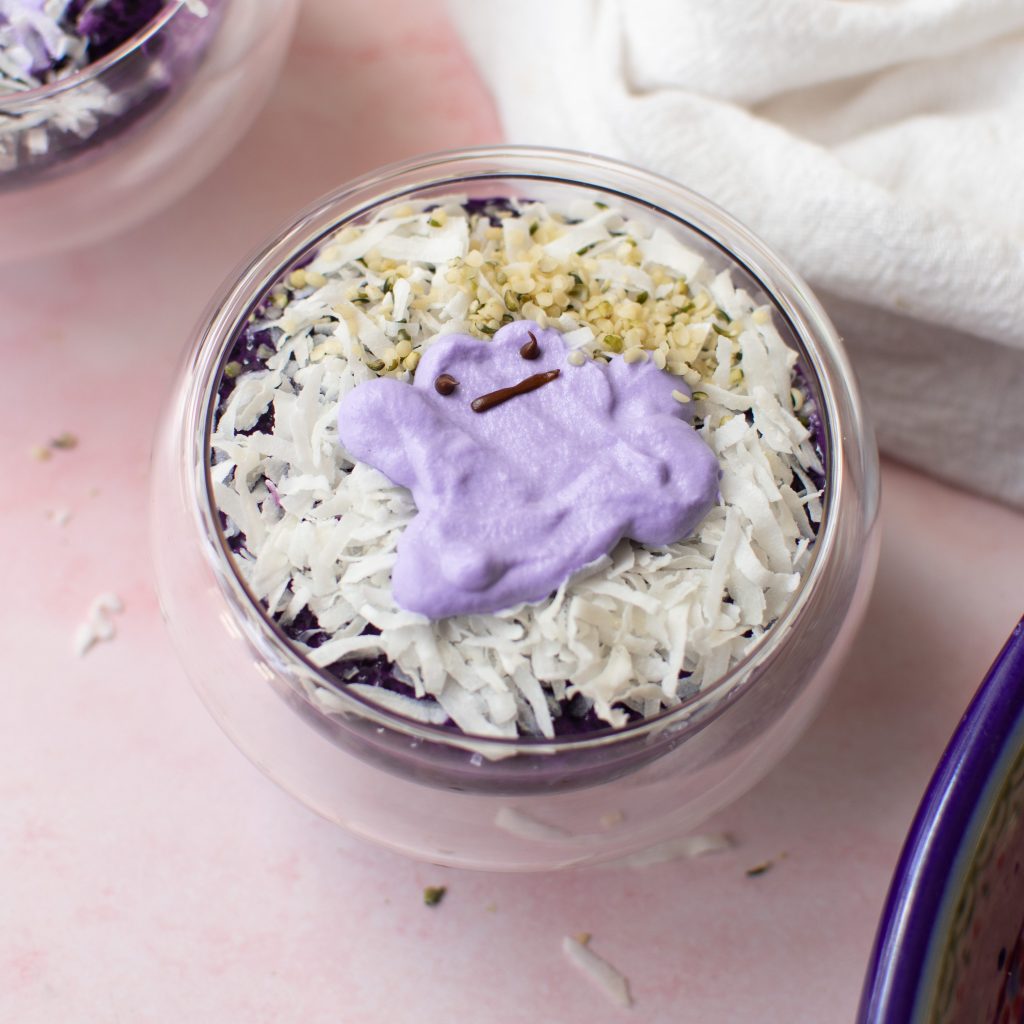 Adorable Pokemon dessert: Ube chia pudding with ditto on top.