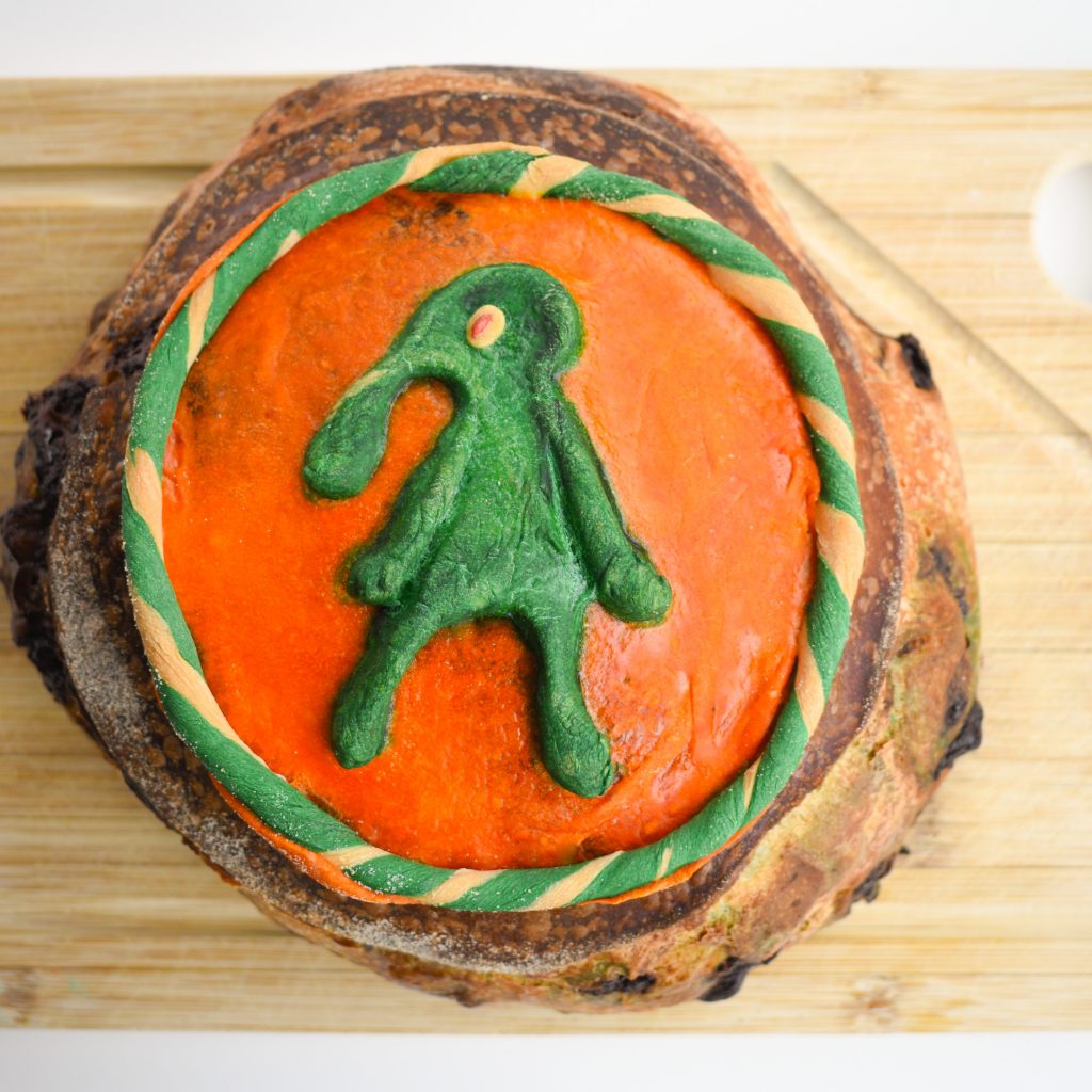 Squidward bold and brash design on sourdough loaf.