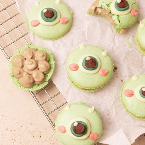 Mike Wazowski macarons with roasetd matcha filling