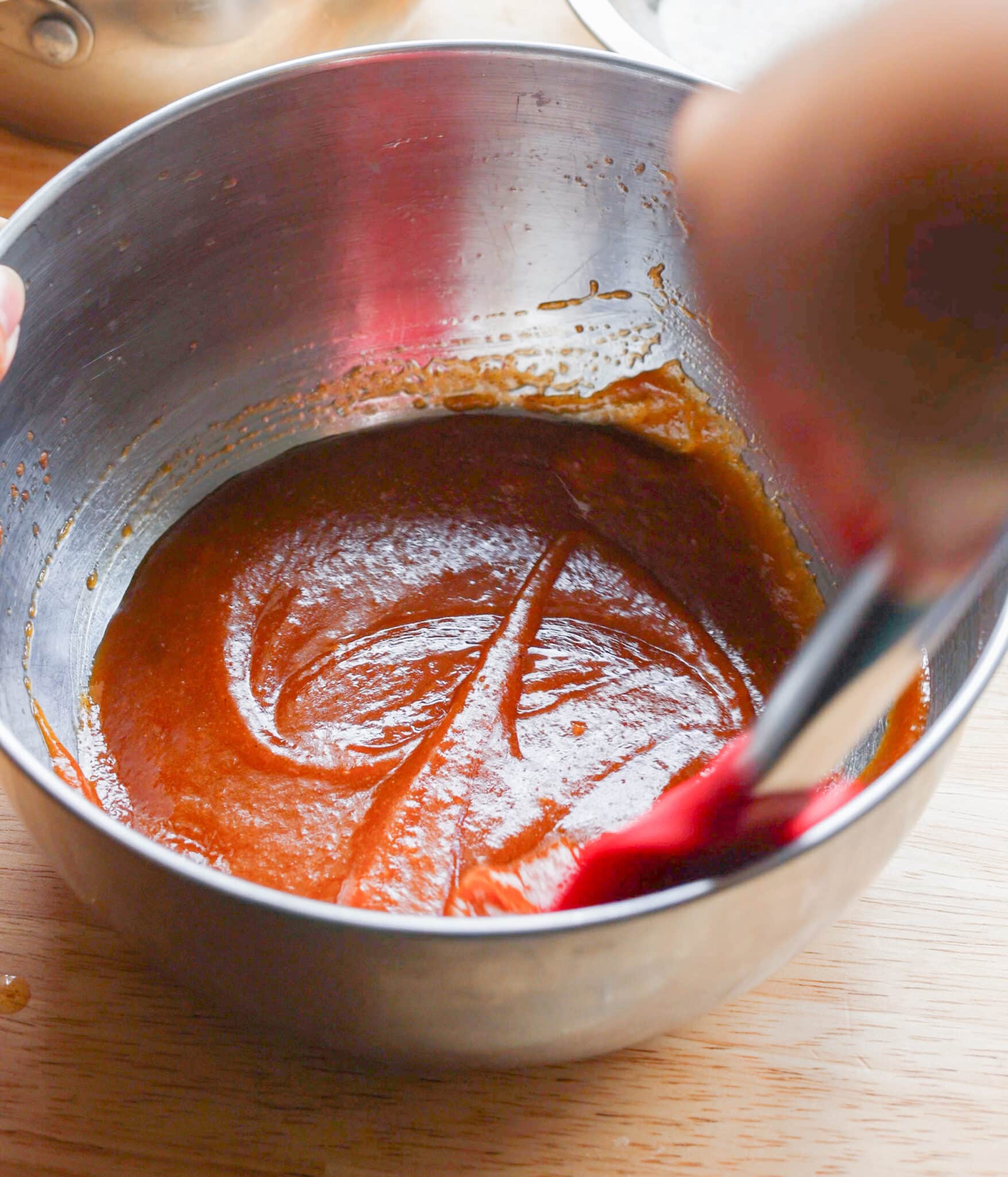 Egg-free pumpkin snickerdoodle wet ingredients in a pot.