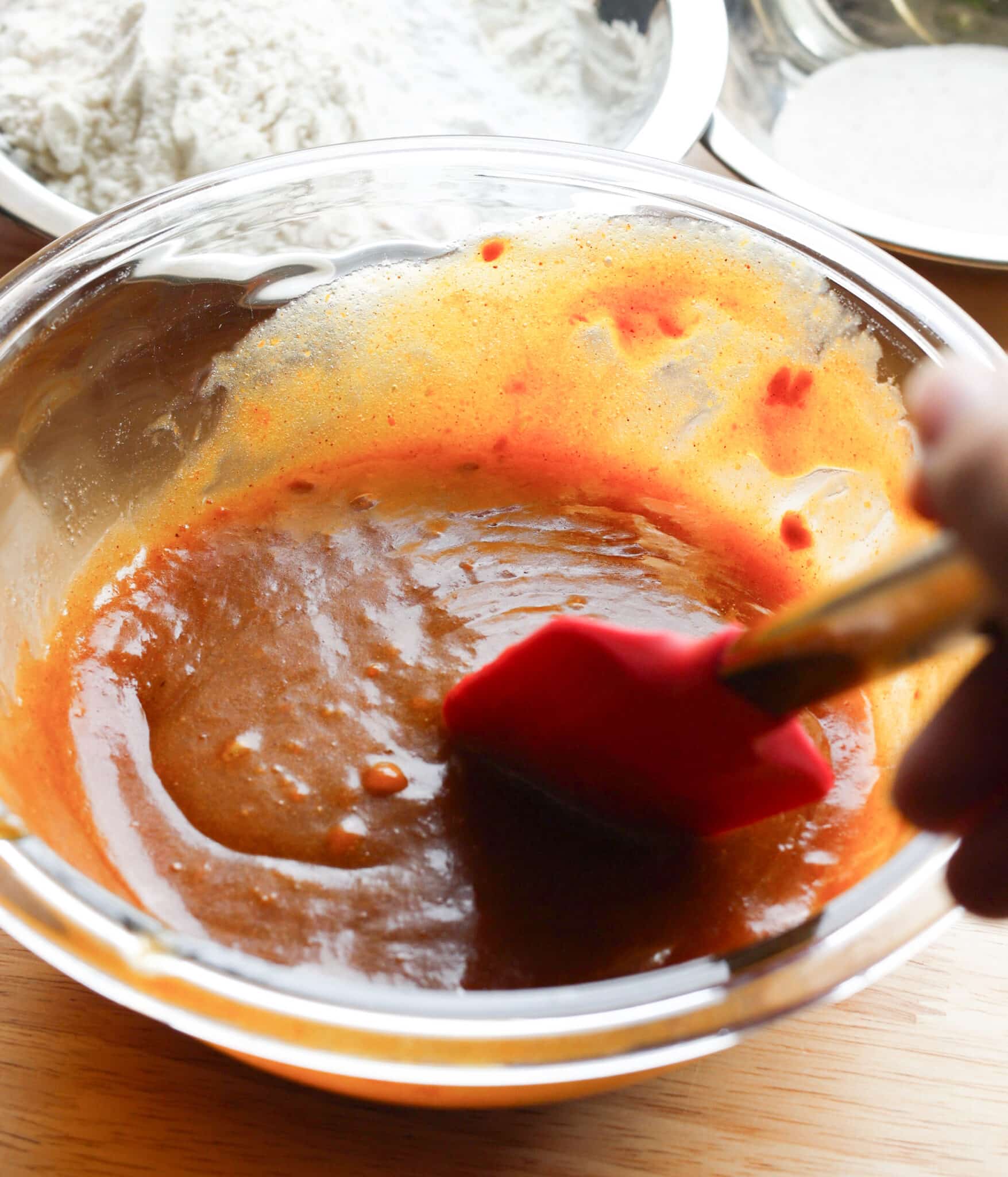 Pumpkin snickerdoodle wet ingredients in mixing bowl.
