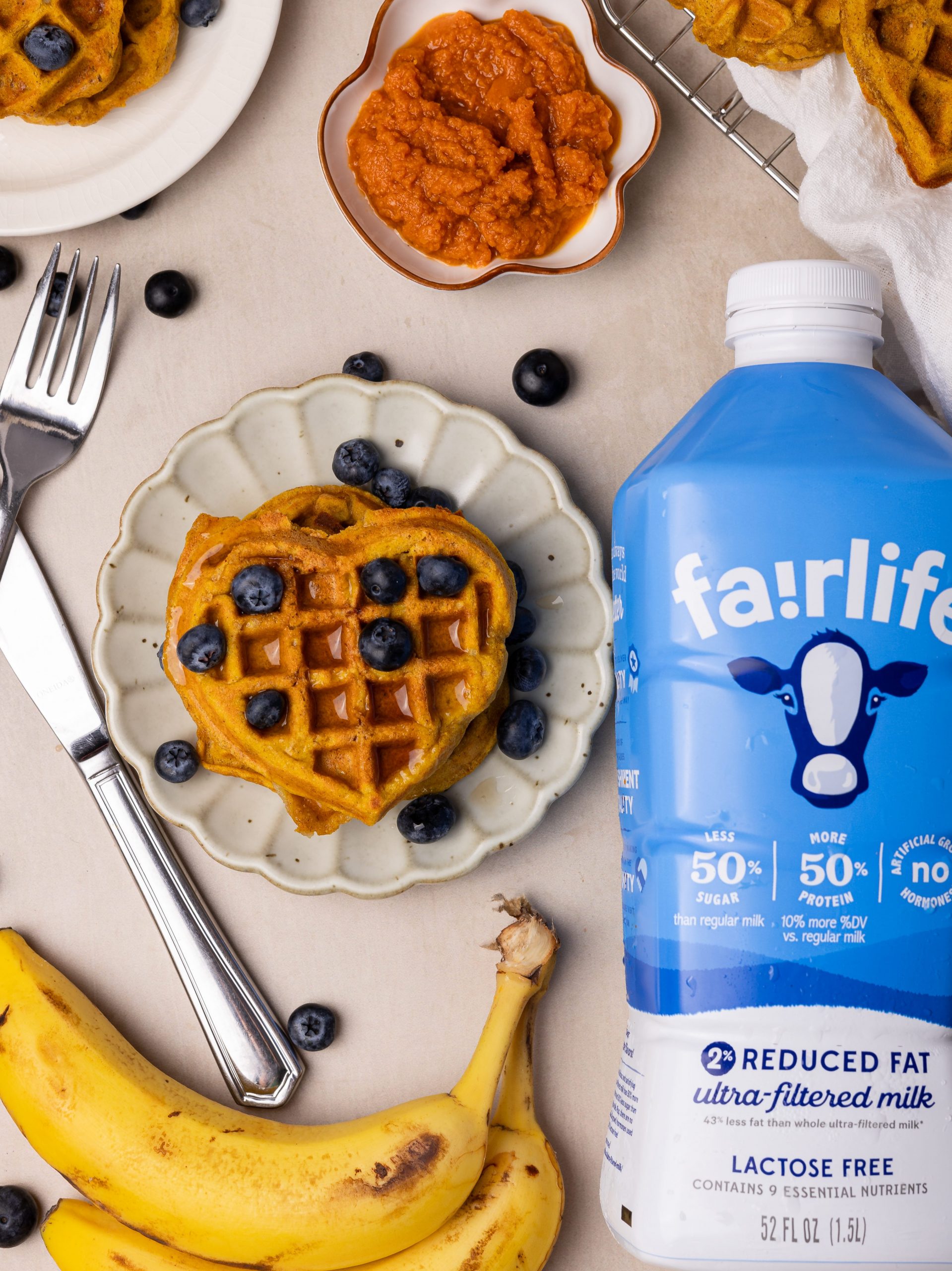 gluten-free pumpkin waffles on a scallop plate, topped with blueberries and syrup