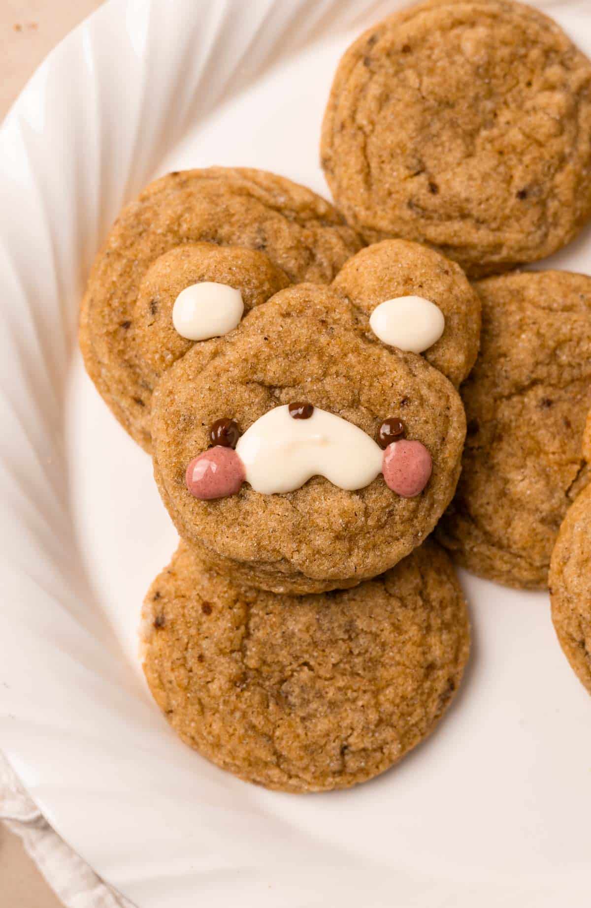 bear cookies made with brown butter on a white plate