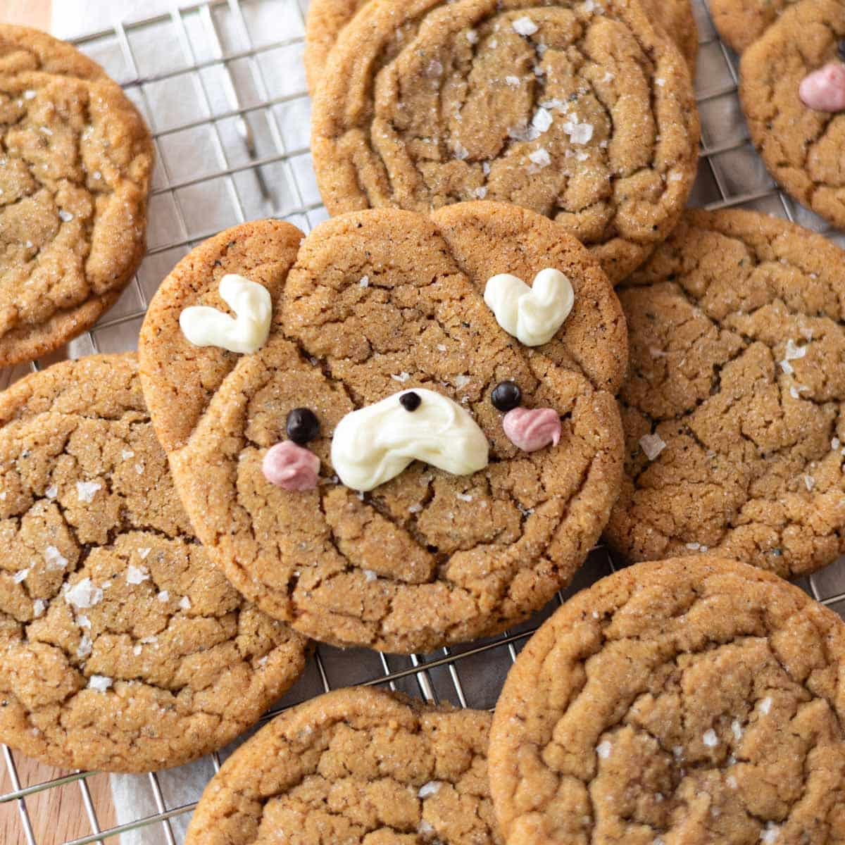 Brown butter espresso cookies spread out on top of a wire rack; cookie in the middle is decorated as a bear.