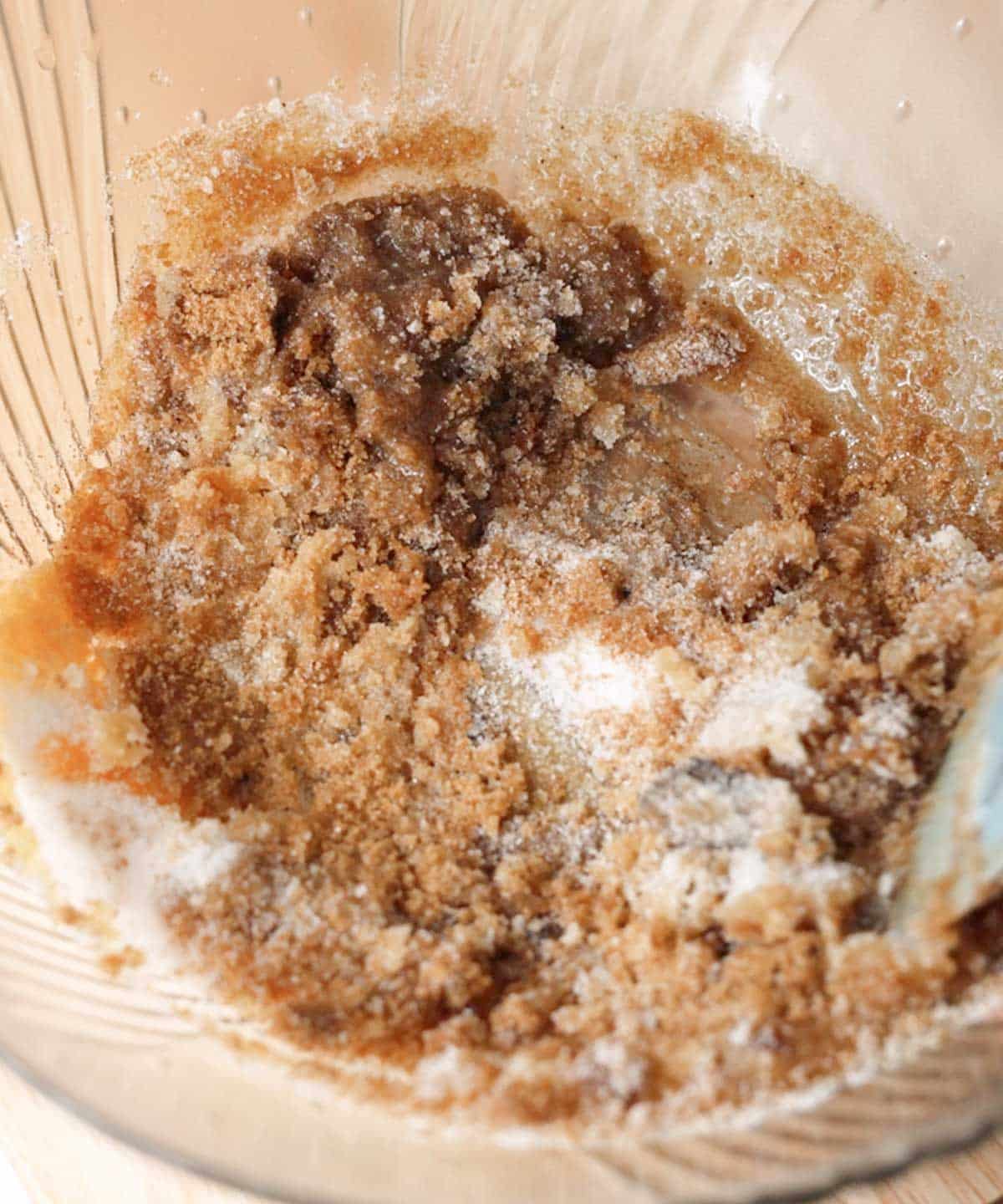 Brown butter with sugars in mixing bowl.