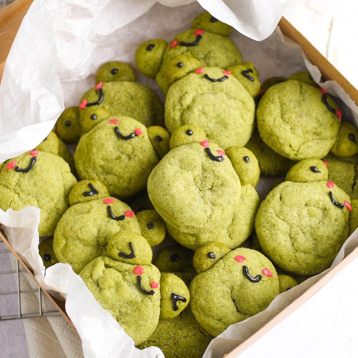 cute matcha frog cookies in a box. shot using my beginner food photography gear, Nikon d3500 and 35 mm f/1.8.