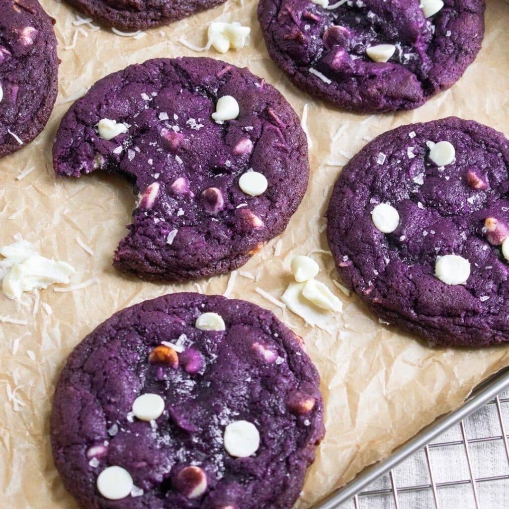 ube cookies with white chocolate chips and coconut. shot using my beginner food photography gear, Nikon d3500 and 35 mm f/1.8.